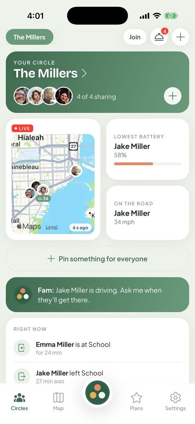 FamTrip3 family circle with live map, battery and arrivals